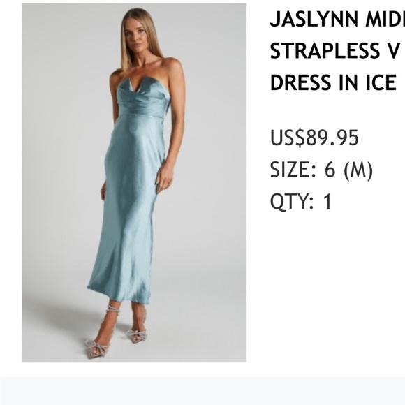 JASLYNN MIDI DRESS - STRAPLESS V NECK SATIN DRESS IN ICE BLUE - Picture 6 of 9